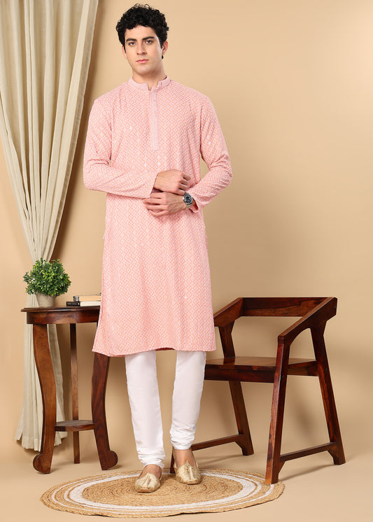 Tattva Floral Embroidered Sequined Mandarin Collar Straight Kurta