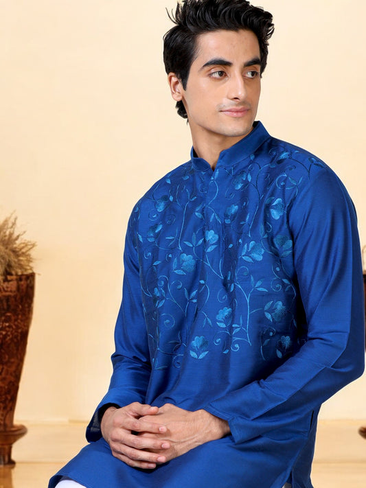 Tattva Men Embroidered Cotton Blend Asymmetric Kurta