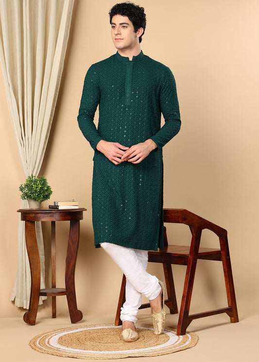 Tattva Floral Embroidered Sequined Mandarin Collar Straight Kurta