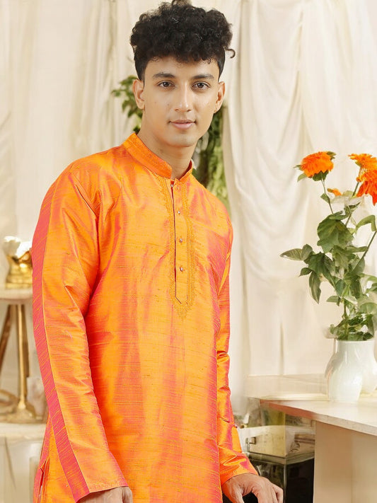 Tattva Men Applique Dupion Silk Straight Kurta