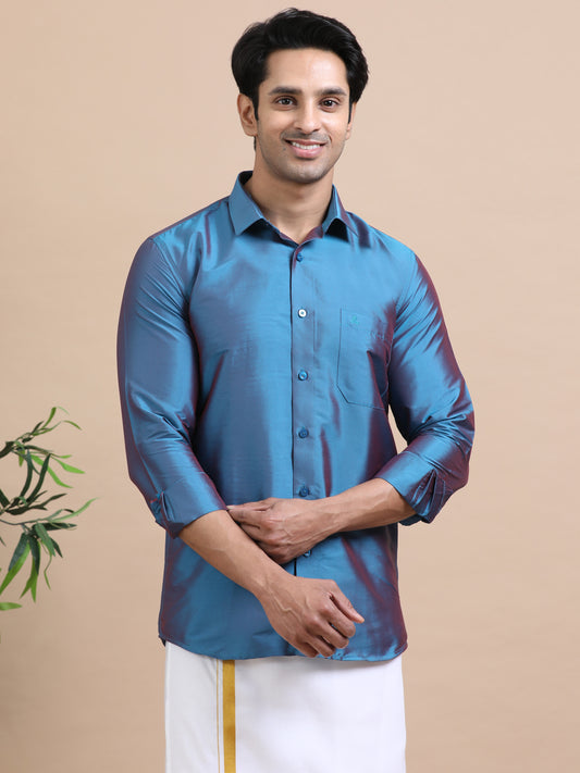 Tattva Men Cobalt Blue Toned Art silk Casual Shirt