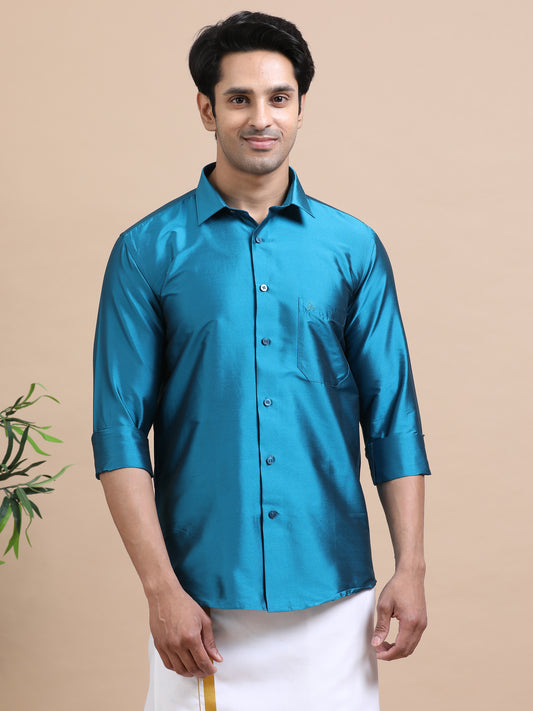 Tattva Men Ultramarine Toned Art silk Casual Shirt