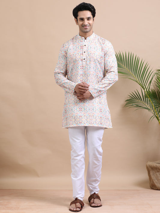 Tattva Printed Mandarin Collar Cotton Straight Short Kurta