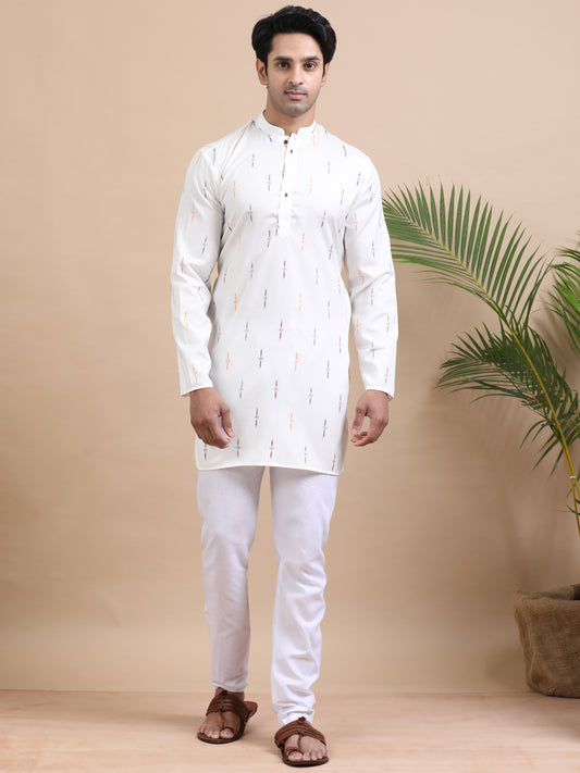 Tattva Geometric Printed Mandarin Collar Cotton Straight Short Kurta