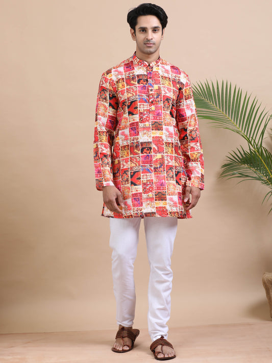 Tattva Printed Mandarin Collar Cotton Straight Short Kurta