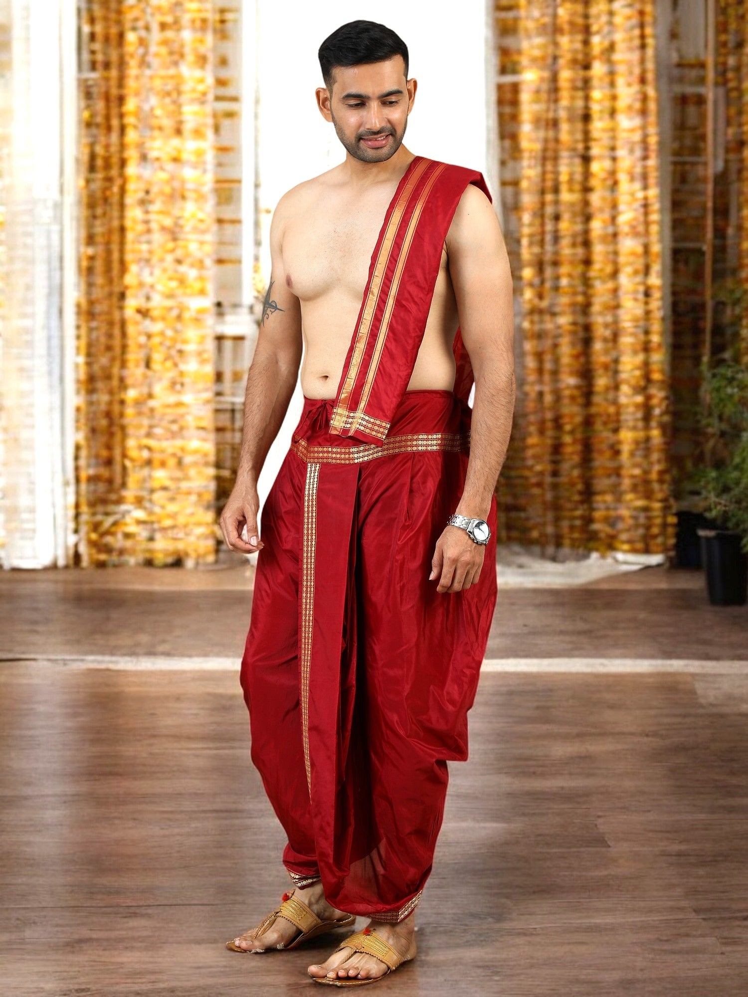 Tattva Art Silk Maroon Dhoti with Shalya (Angavasthram) –