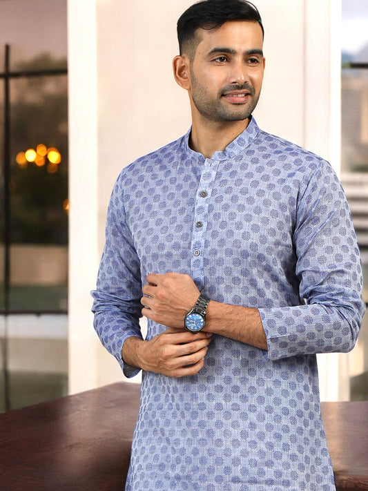 Tattva Woven Design Mandarin Collar Thread Work Cotton Straight Kurta