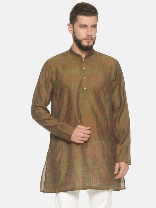 Buy Olive Green Striped Stright Short Kurta - Tattva.Life