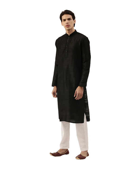 Buy Black Pure Raw Silk Solid Long Kurta - Tattva.Life
