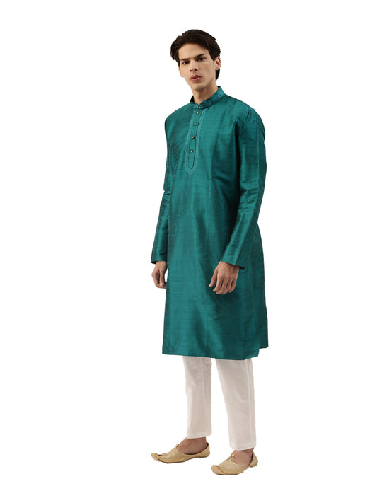 Buy Dark Green Pure Raw Silk Long Solid Kurta - Tattva.Life