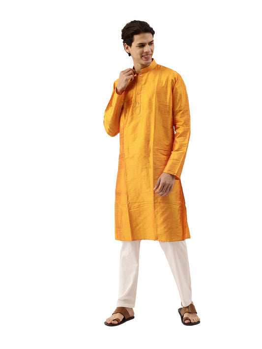 Buy Yellow Pure Raw Silk Long Solid Kurta - Tattva.Life