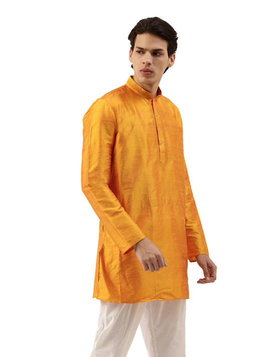 Buy Yellow Pure Raw Silk Solid Short Kurta - Tattva.Life