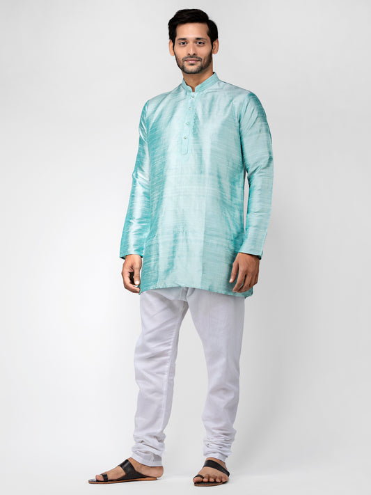 Buy Turquoise Pure Raw Silk Straight Short Kurta - Tattva.Life