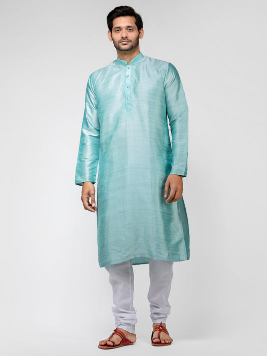 Buy Turquoise Pure Raw Silk Solid Straight Long Kurta - Tattva.Life