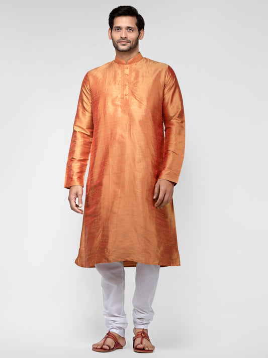 Buy Orange Pure Raw Silk Long Solid Kurta - Tattva.Life