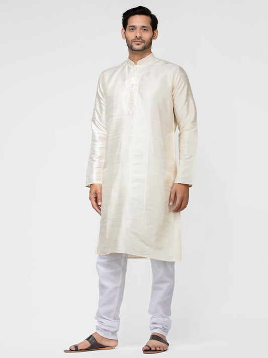 Buy Cream-Colored Pure Raw Silk Kurta With Pyjamas - Tattva.Life