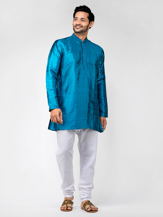 Buy Blue Pure Raw Silk Straight Solid Short Kurta - Tattva.Life