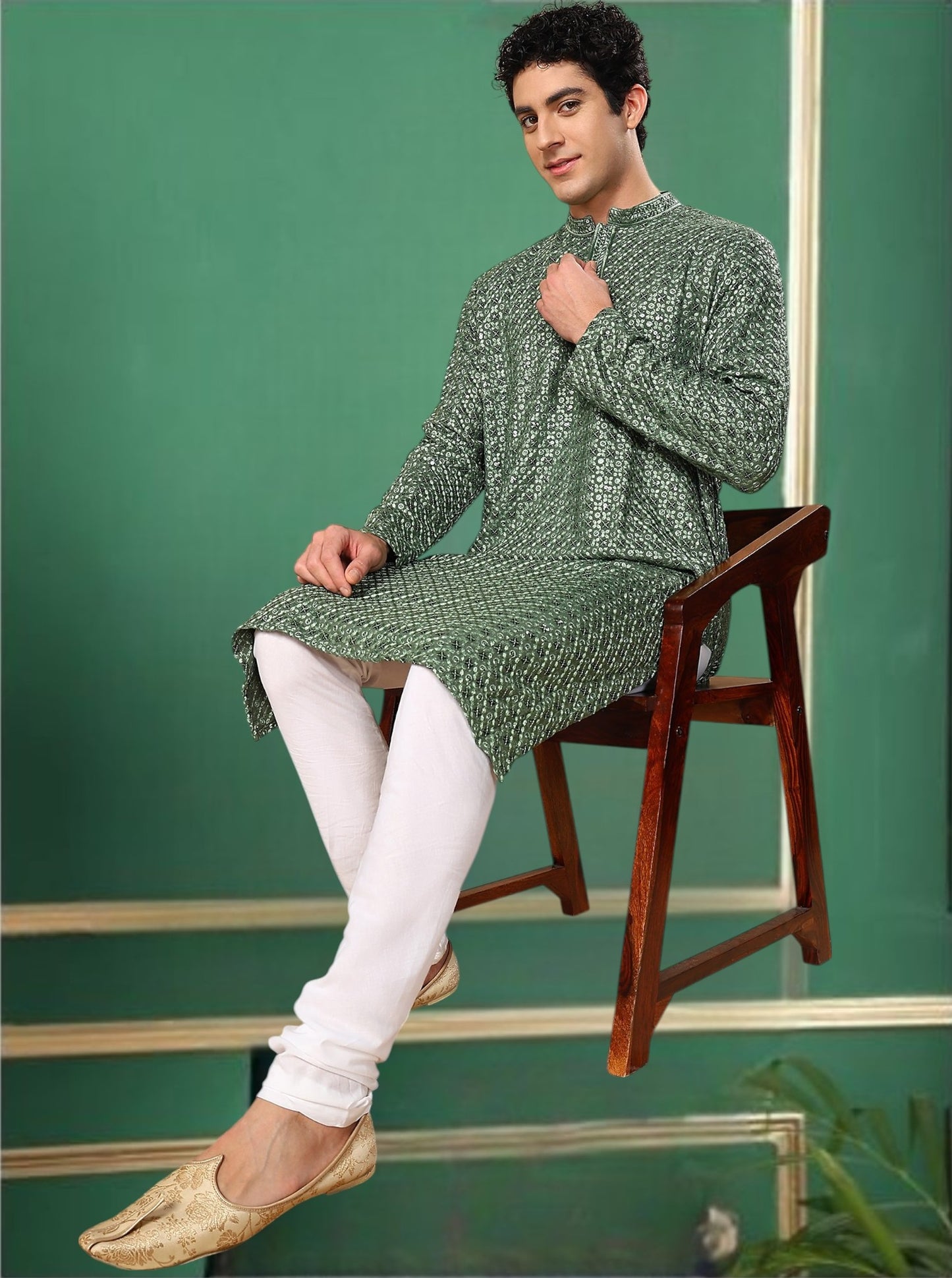 Tattva Embroidered Thread Work Mandarin Collar Straight Kurta