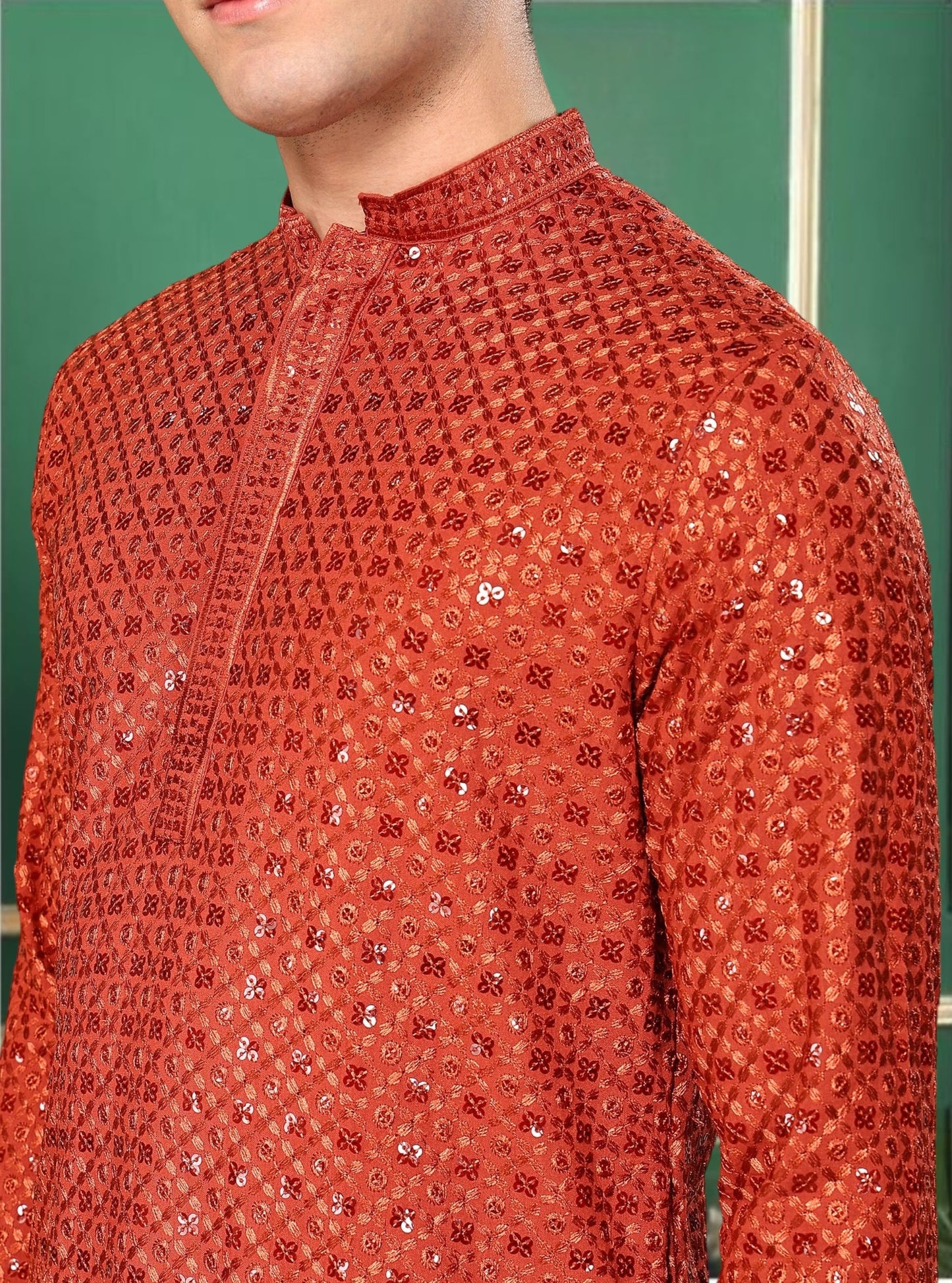 Tattva Candy Red Toned Sequined Thread Work Long Kurta With Pyjama