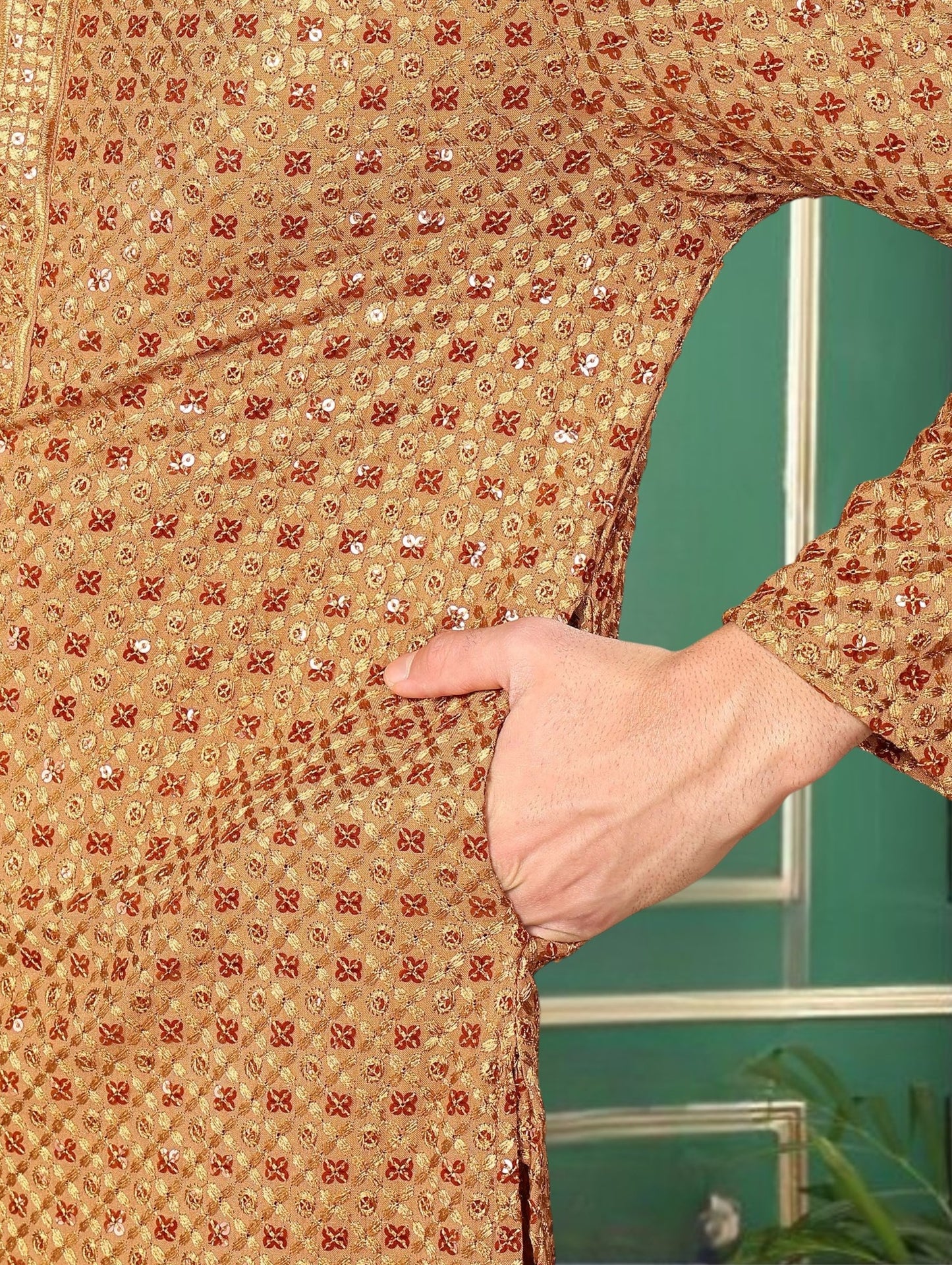 Tattva Rust Toned Sequined Thread Work Long Kurta With Pyjama