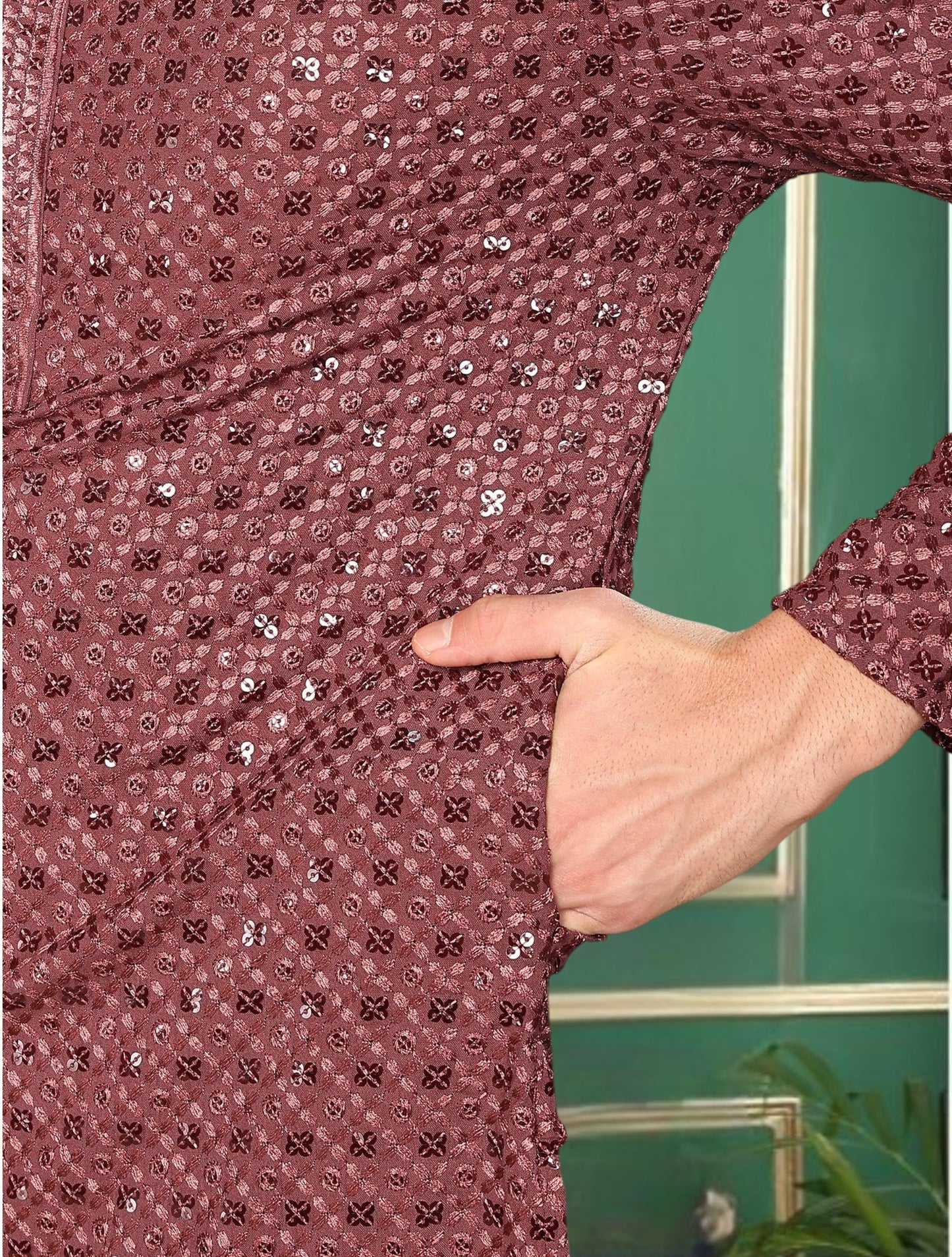 Tattva Floral Embroidered Sequined Mandarin Collar Straight Kurta