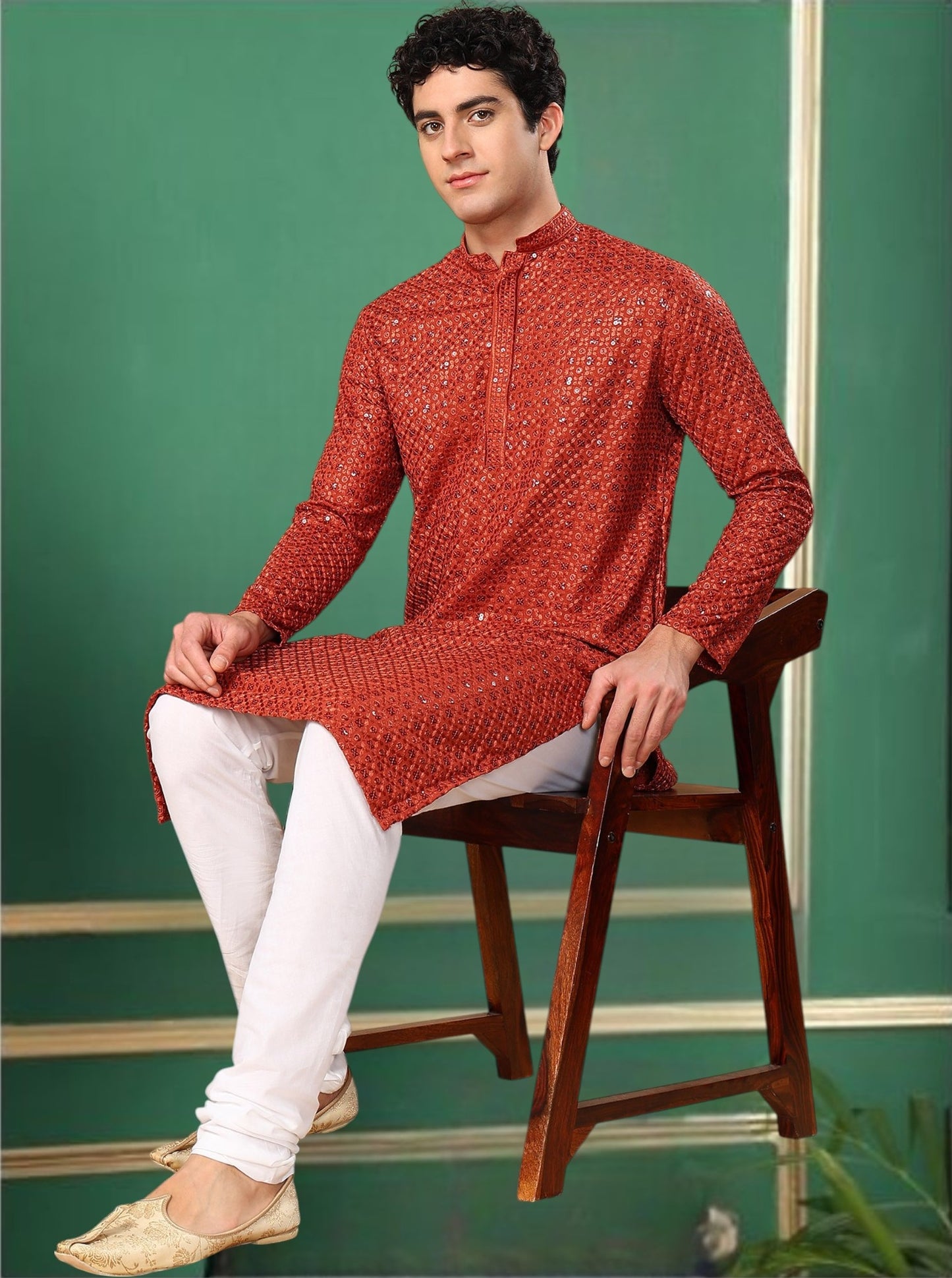 Tattva Candy Red Toned Sequined Thread Work Long Kurta With Pyjama