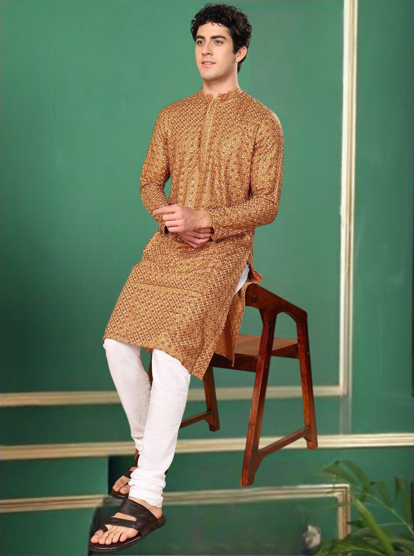 Tattva Rust Toned Sequined Thread Work Long Kurta With Pyjama