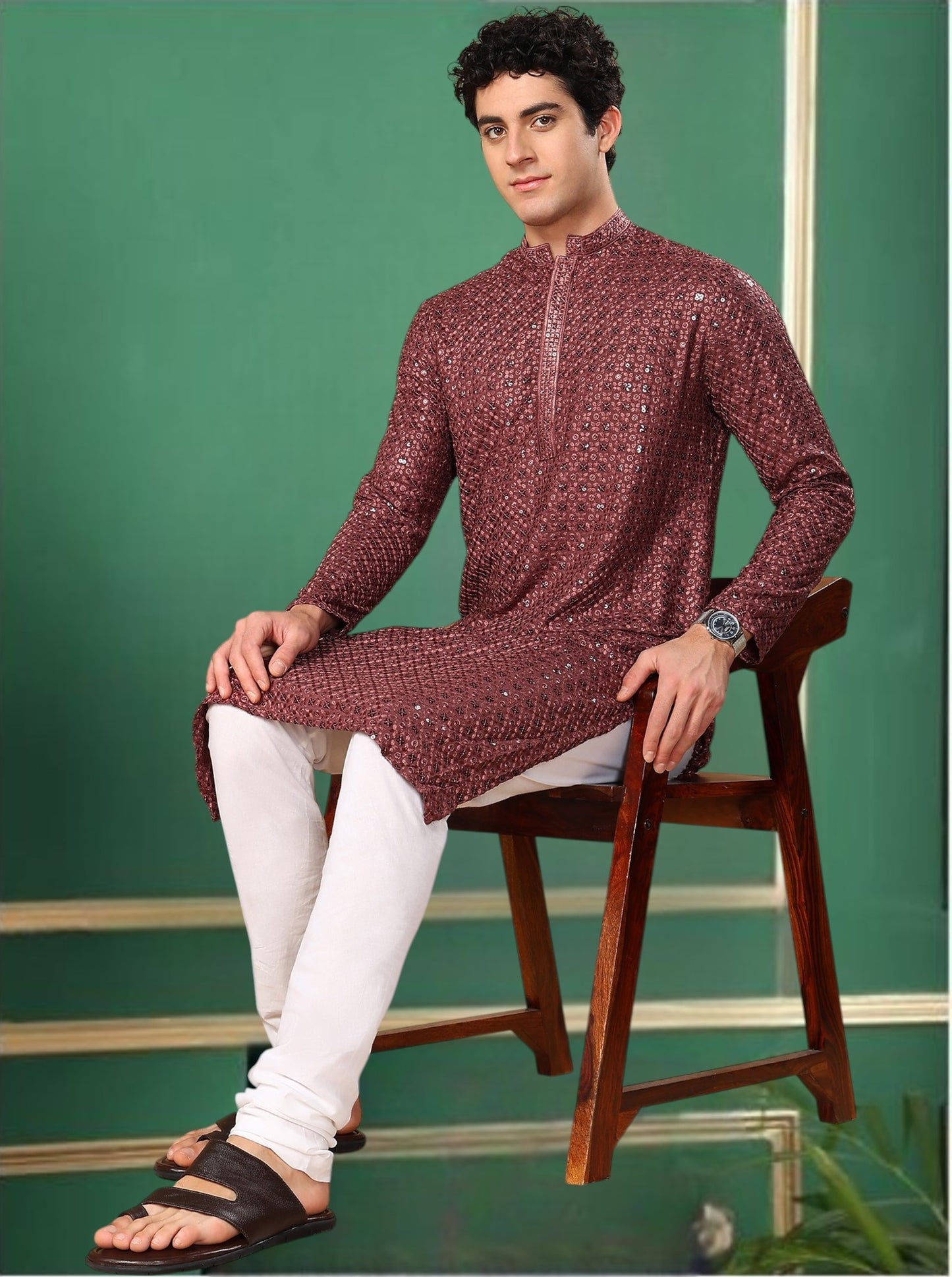 Tattva Burgundy Toned Sequined Thread Work Long Kurta With Pyjama