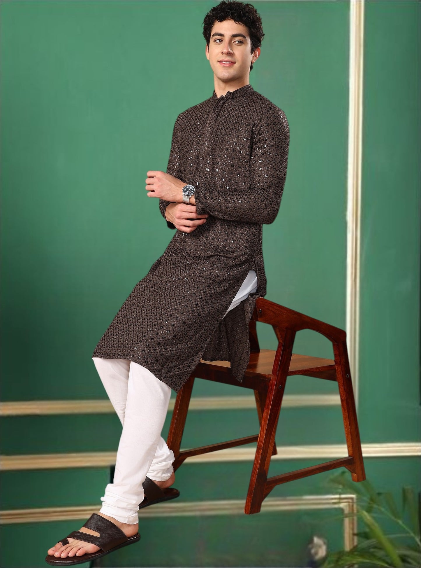 Tattva Chocolate Toned Sequined Thread Work Long Kurta With Pyjama