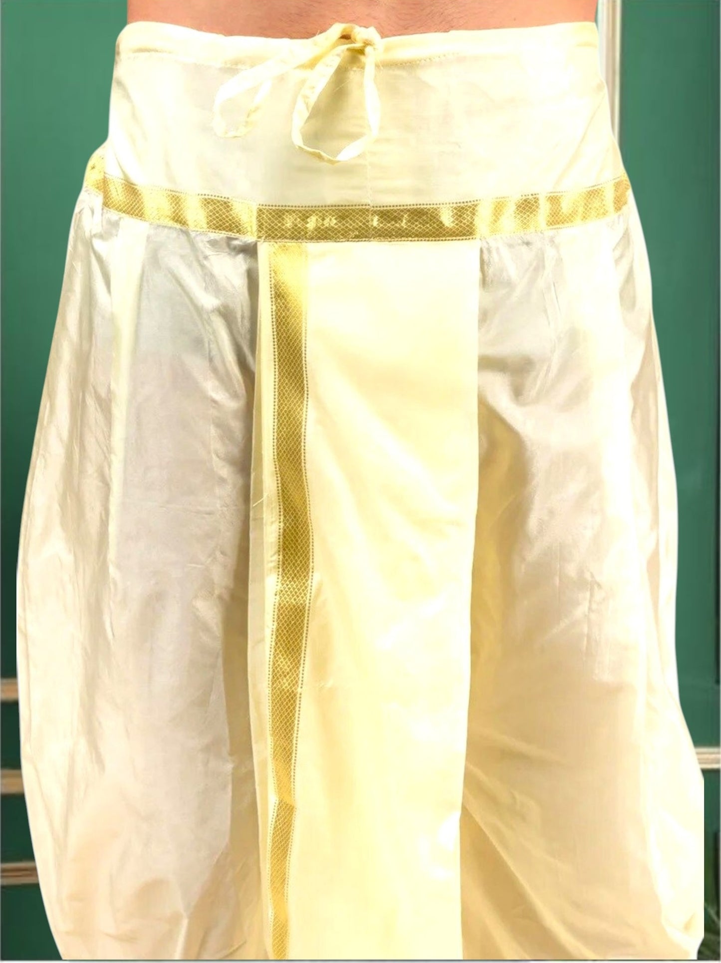 Cream Art Silk Kurta With Dhoti & Dupatta Set