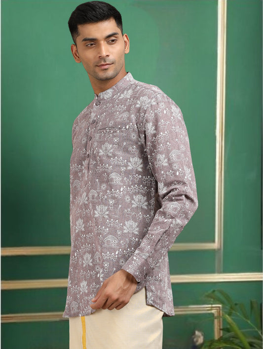 Tattva Men Grey Printed Super Short Kurta
