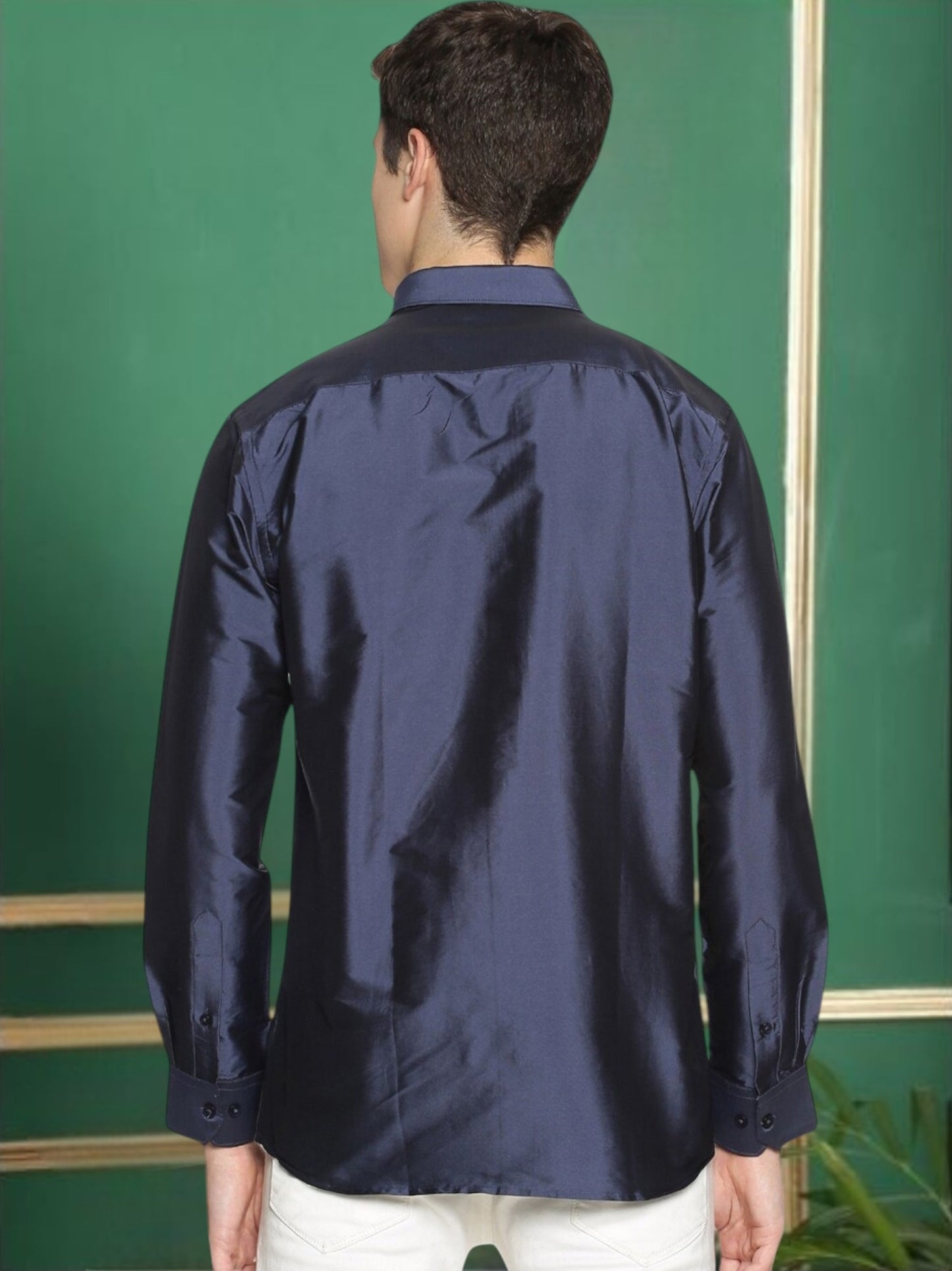 Tattva Men Navy Blue Slim Fit Solid Party Shirt