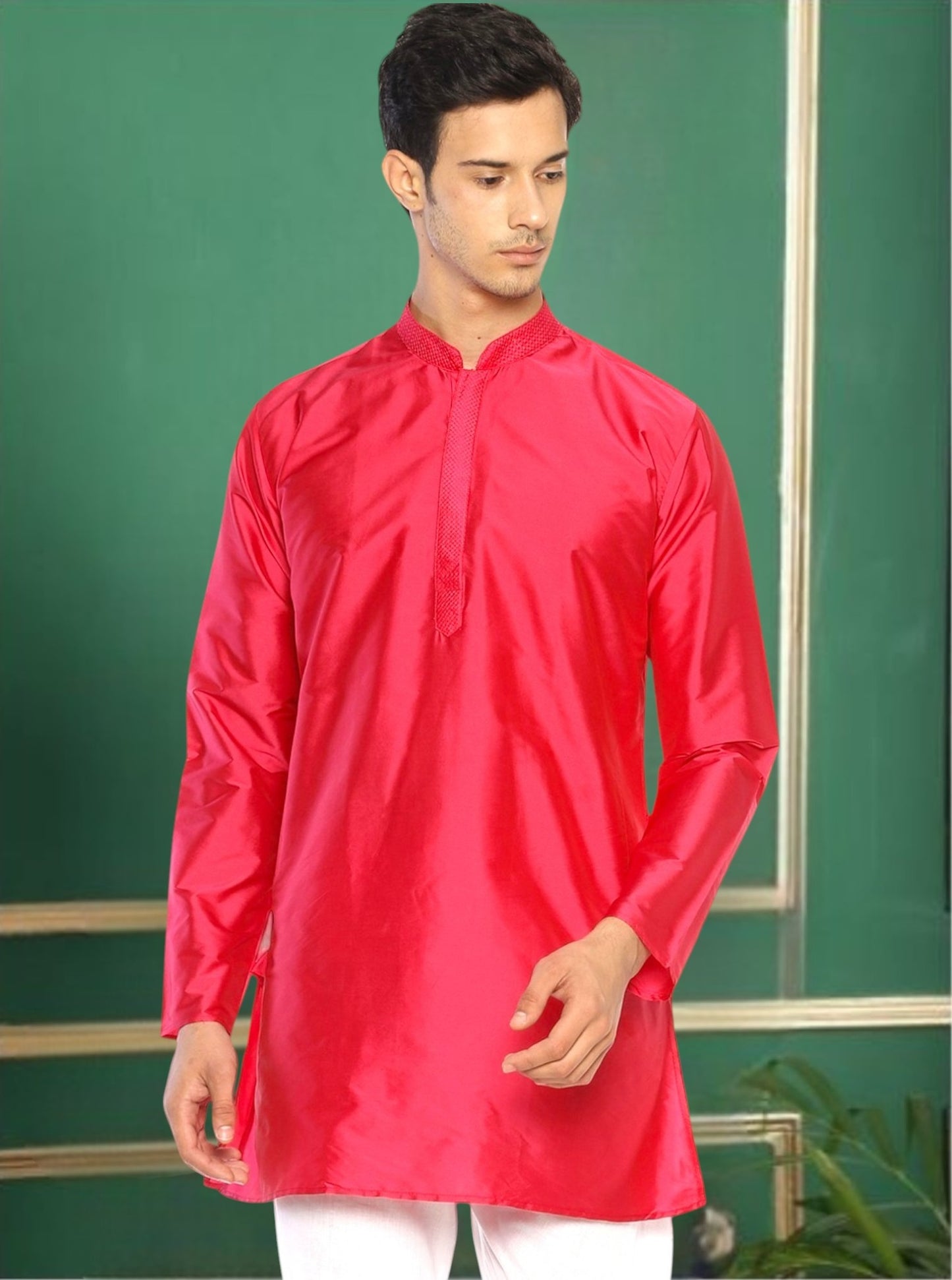 Pink Polyester Solid Straight Kurta
