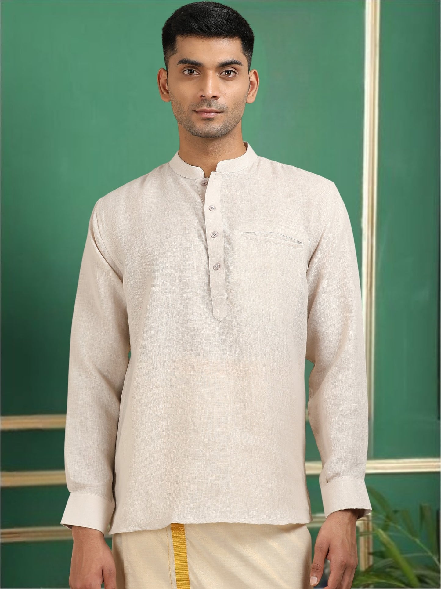 Tattva Men Cream Solid Super Short Kurta