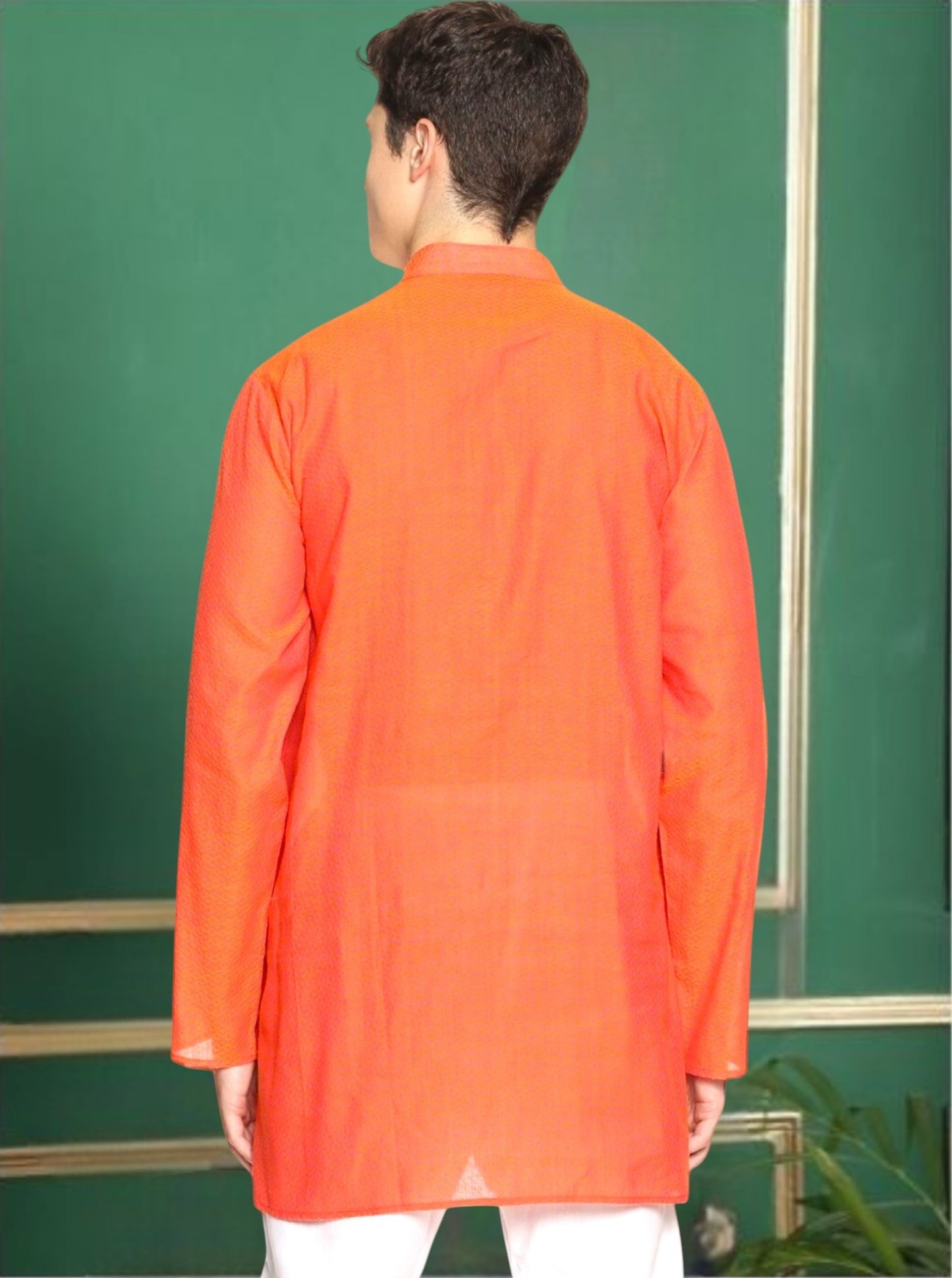 Orange Cotton Printed Straight Short Kurta
