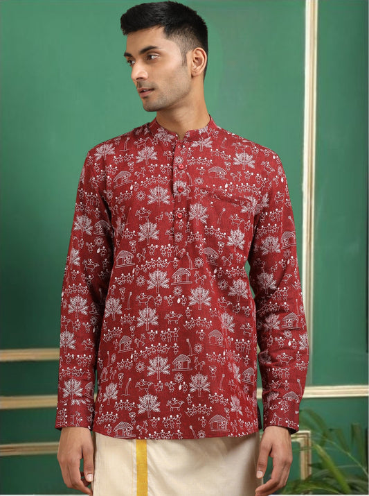 Tattva Men Maroon Printed Super Short Kurta