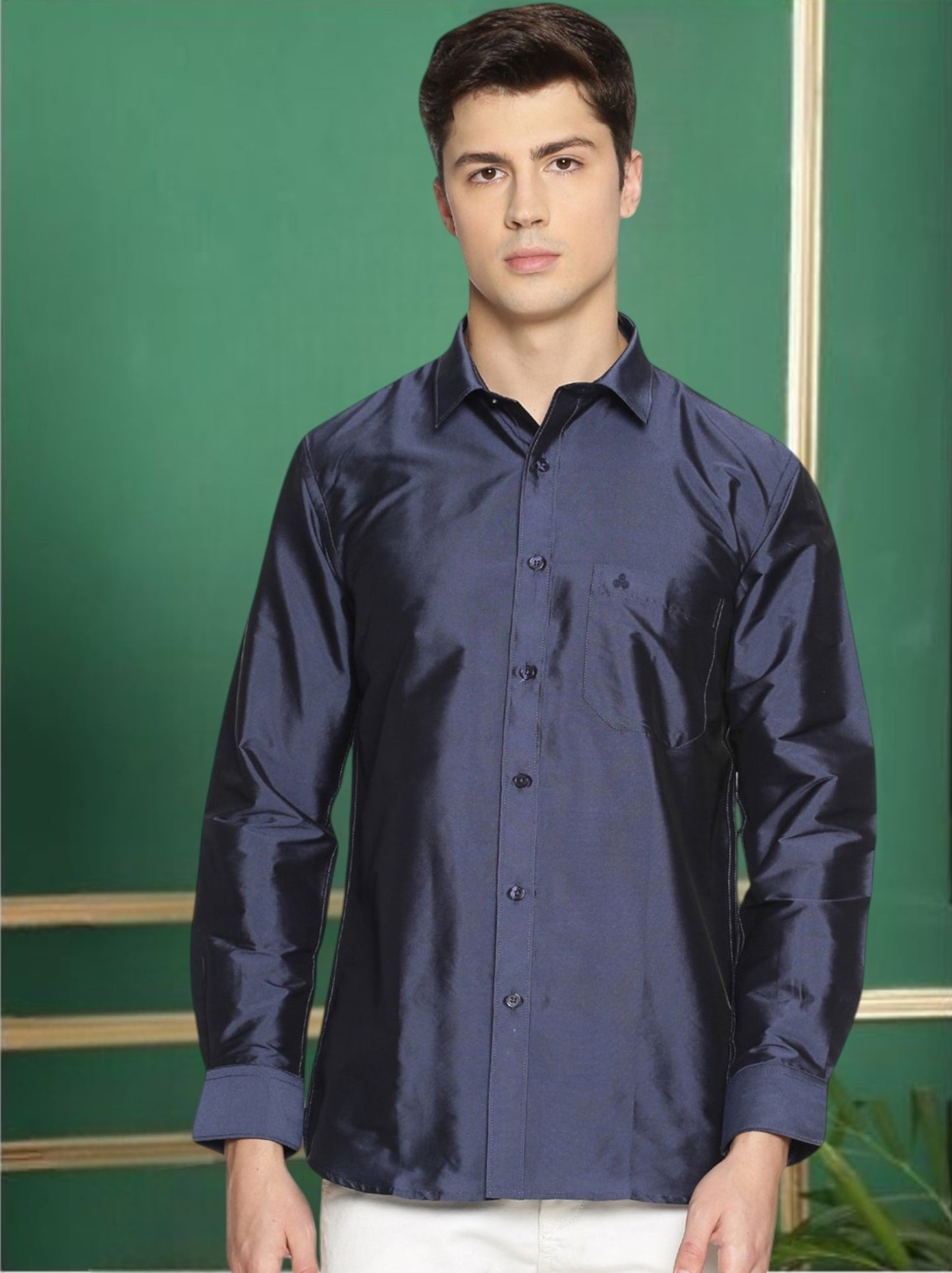Tattva Men Navy Blue Slim Fit Solid Party Shirt