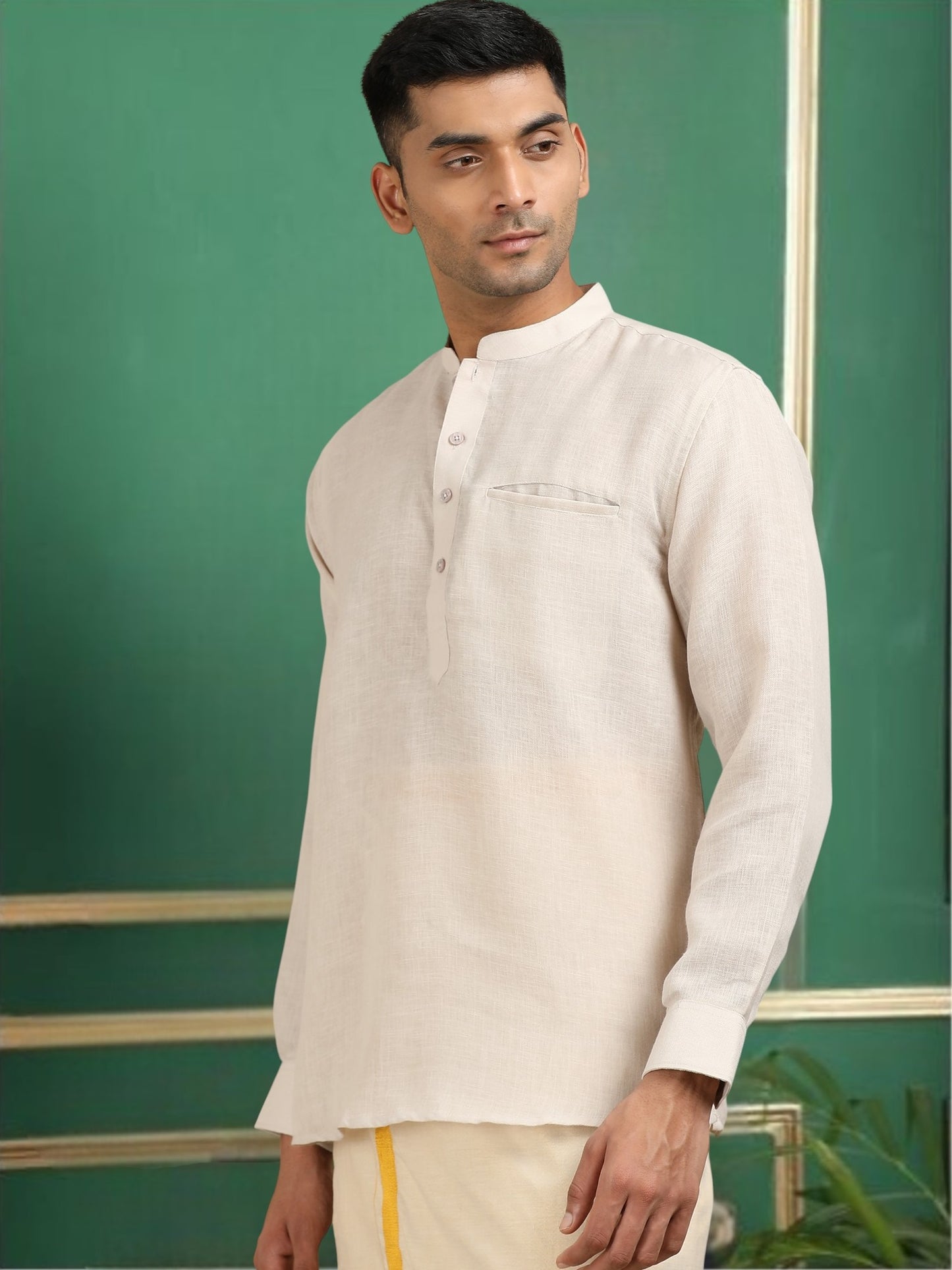 Tattva Men Cream Solid Super Short Kurta
