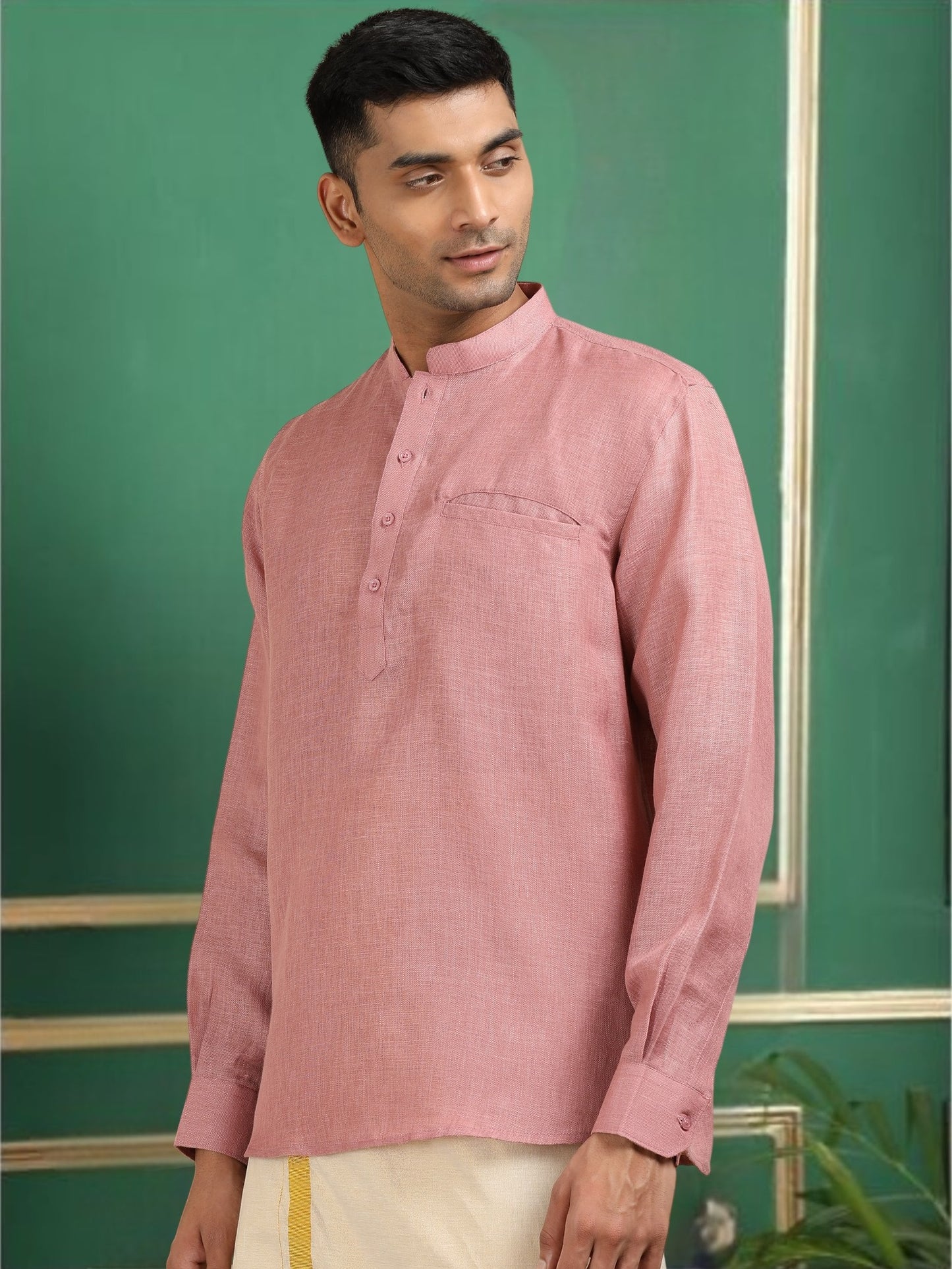 Tattva Men Peach Solid Super Short Kurta