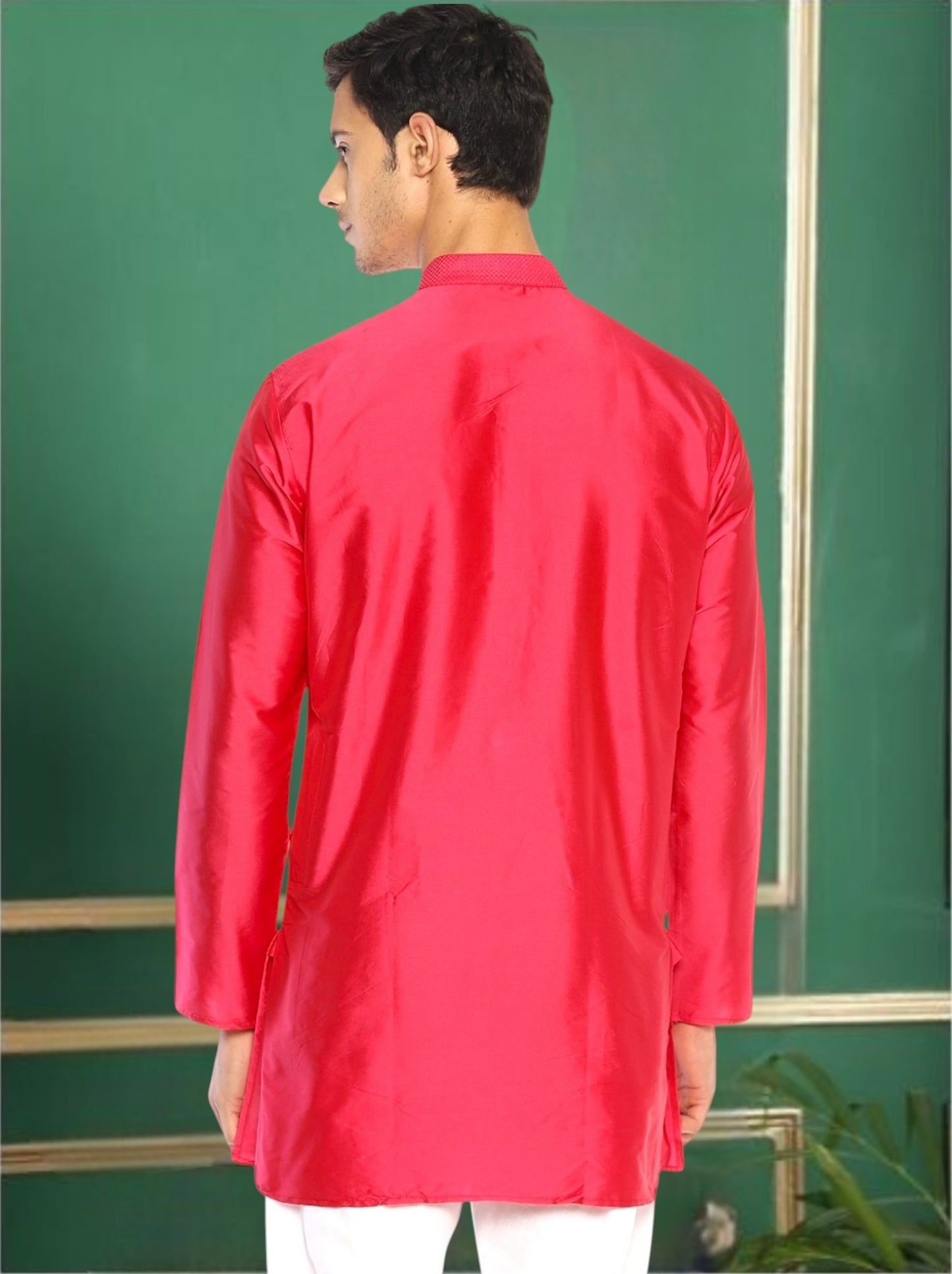 Pink Polyester Solid Straight Kurta