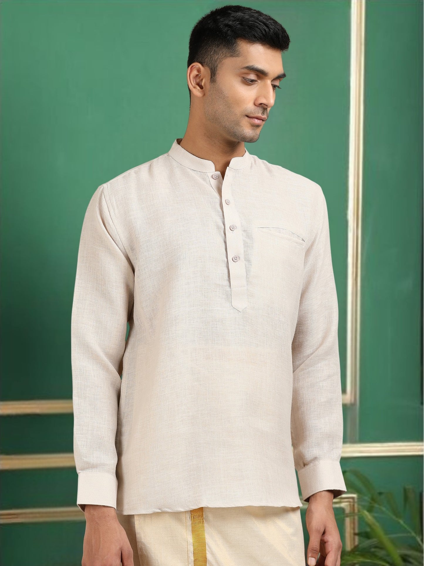 Tattva Men Cream Solid Super Short Kurta