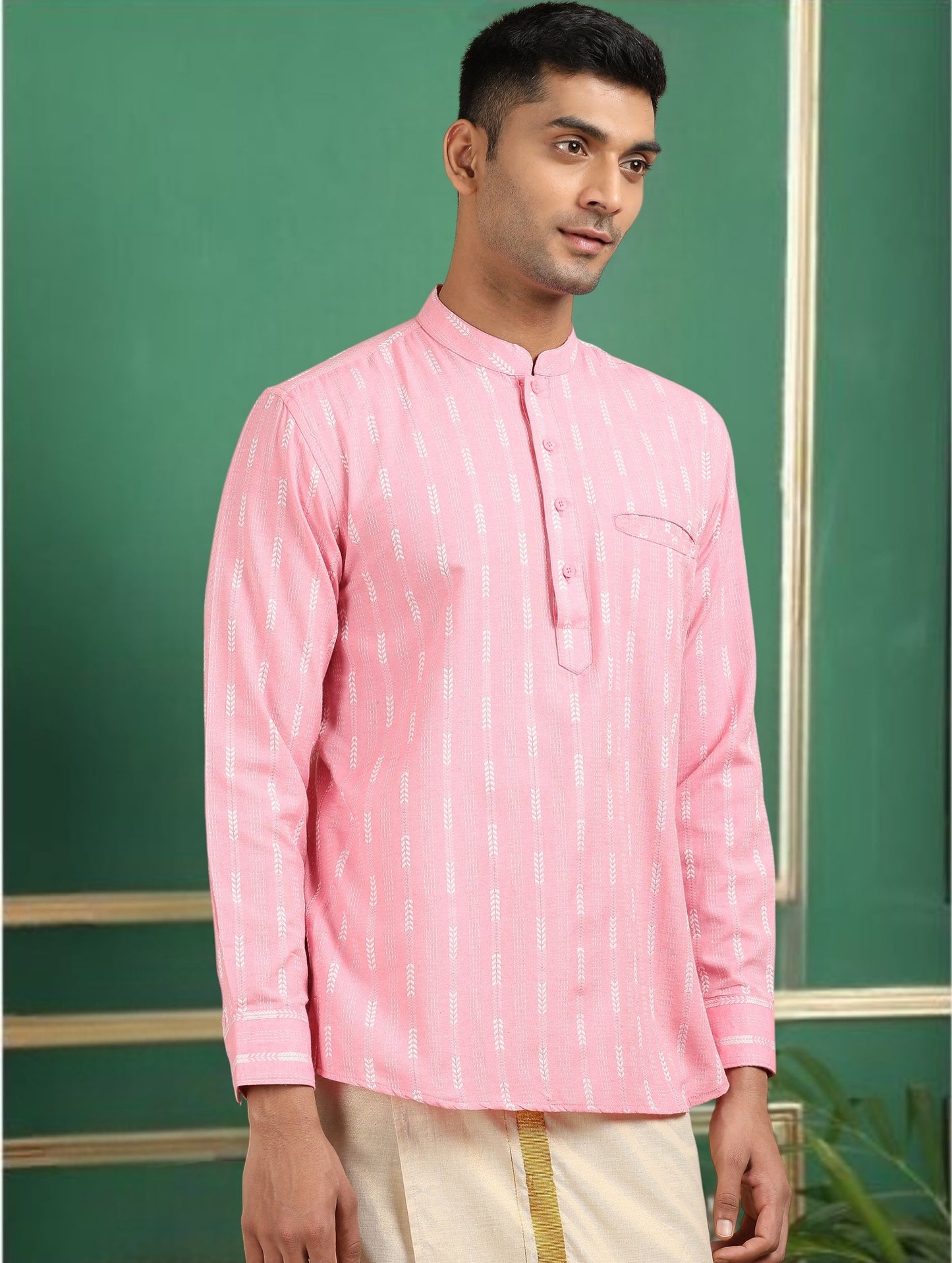 Tattva Men Pink Striped Super Short Kurta