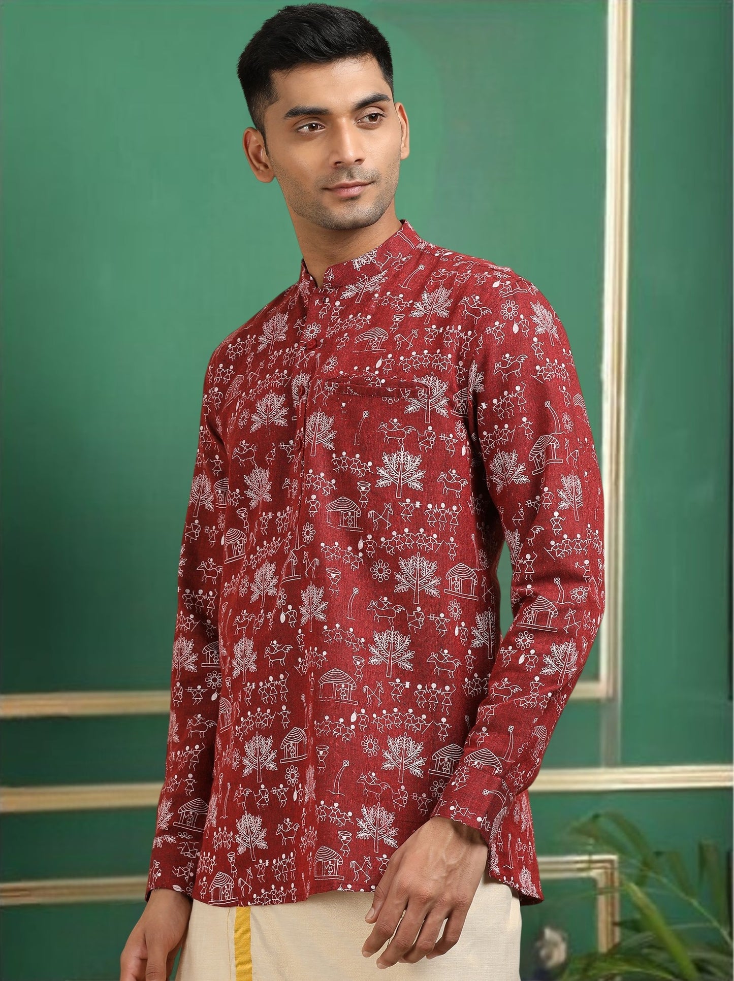 Tattva Men Maroon Printed Super Short Kurta