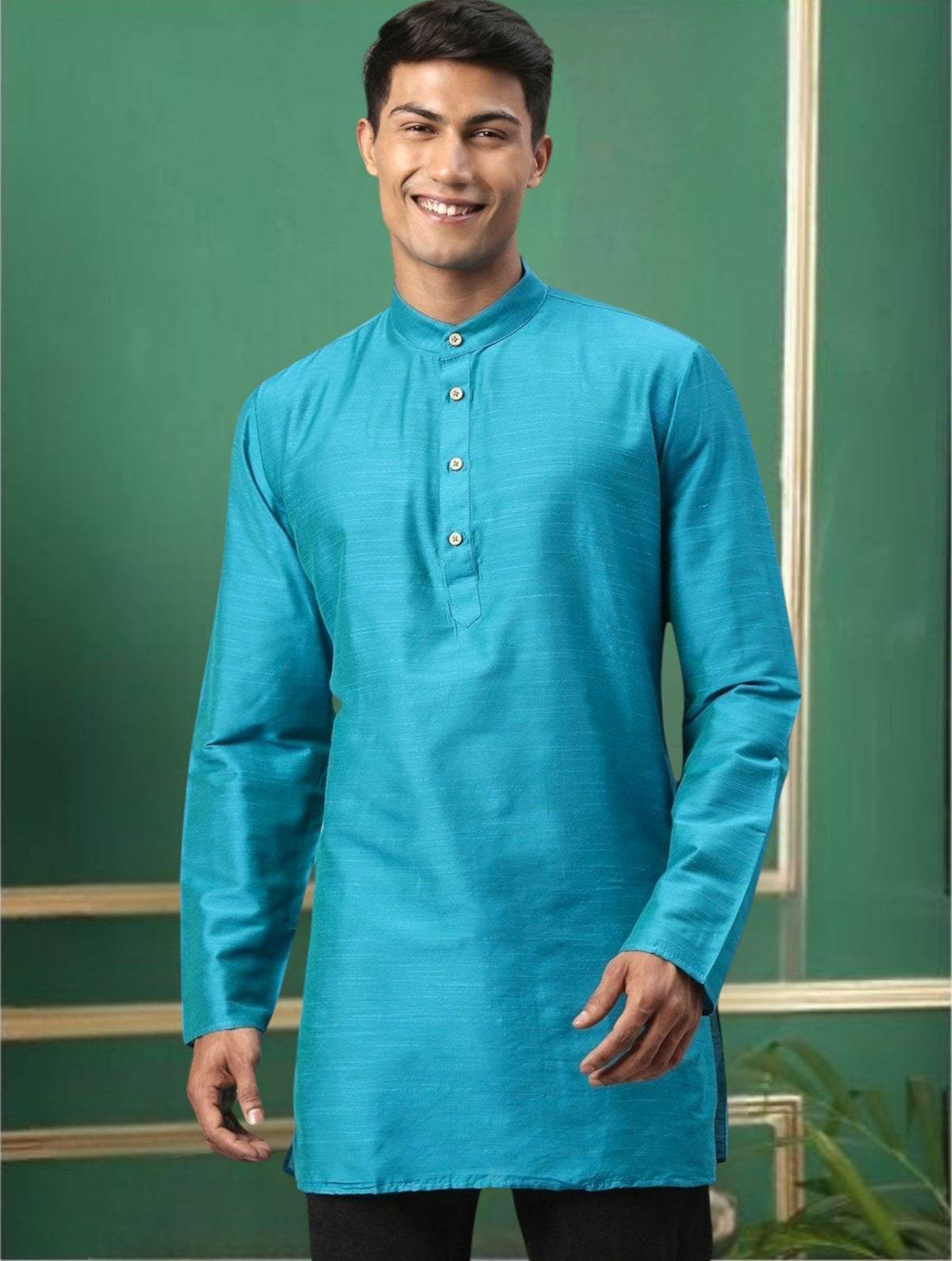 Blue Greenish Cotton Straight Short Kurta