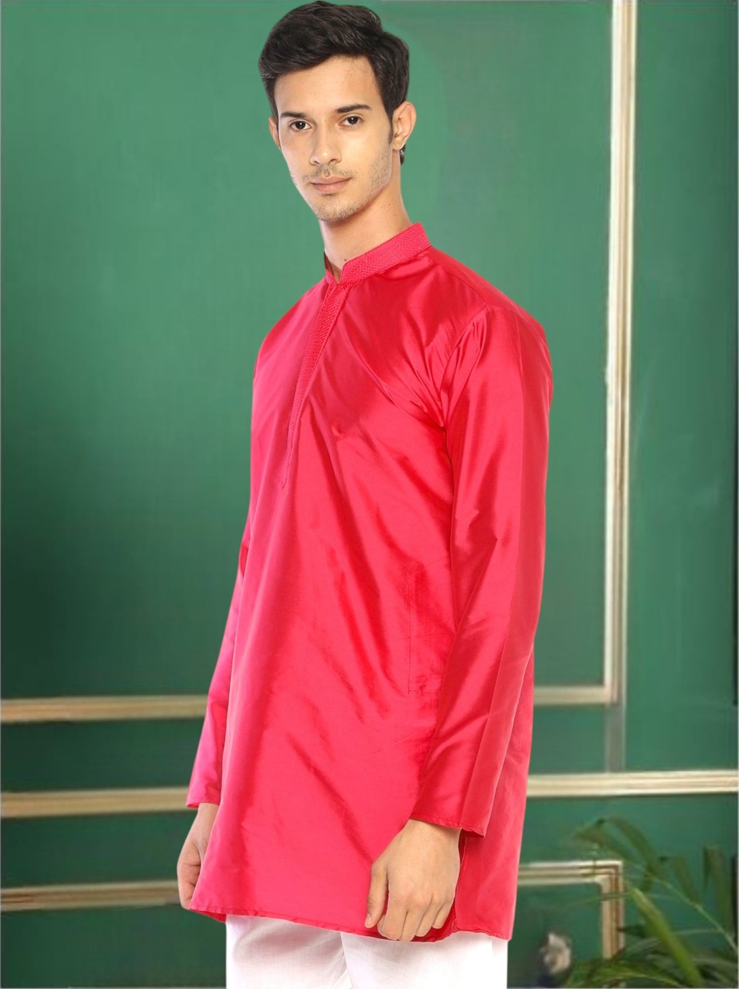 Pink Polyester Solid Straight Kurta