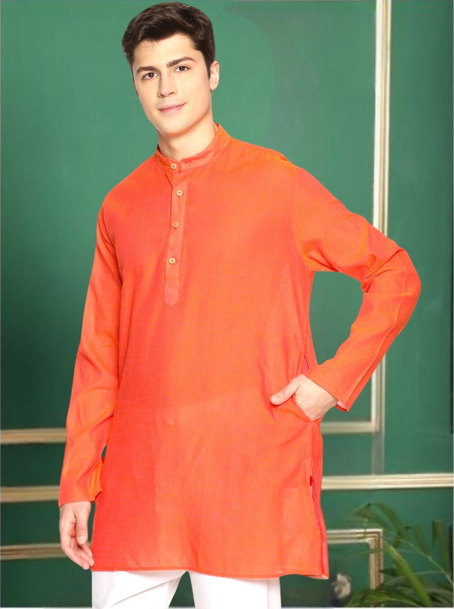 Orange Cotton Printed Straight Short Kurta