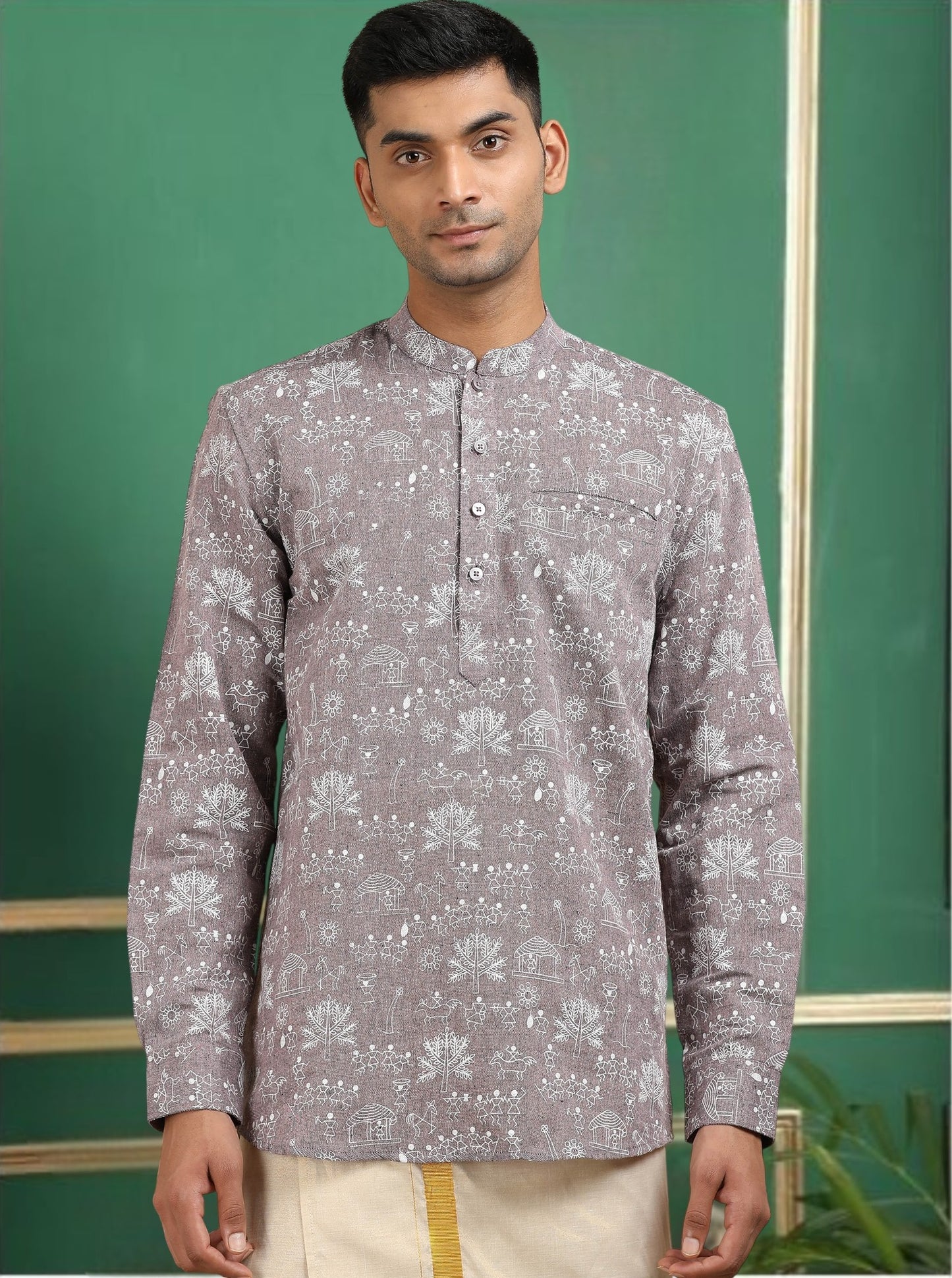 Tattva Men Grey Printed Super Short Kurta