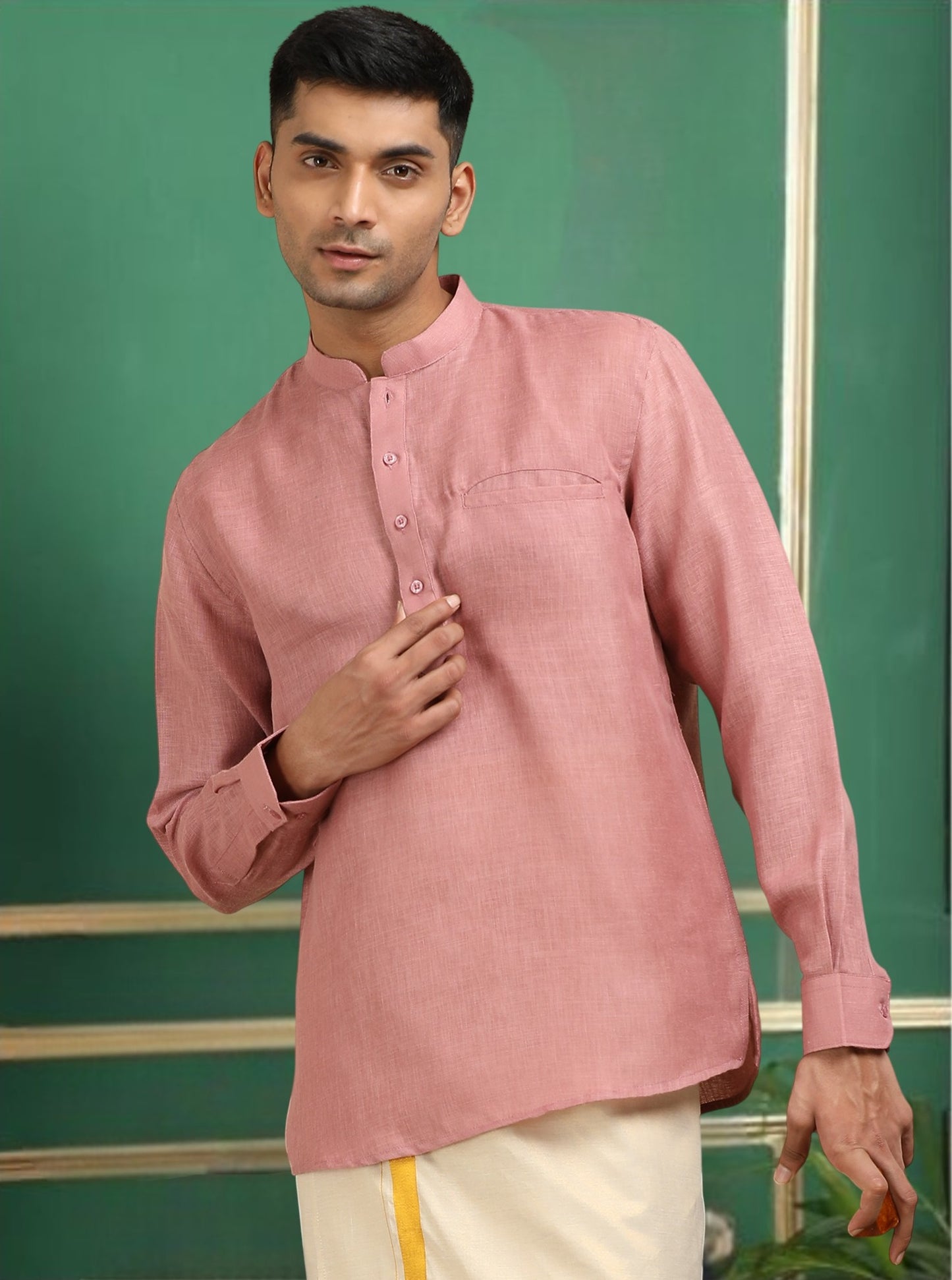 Tattva Men Peach Solid Super Short Kurta
