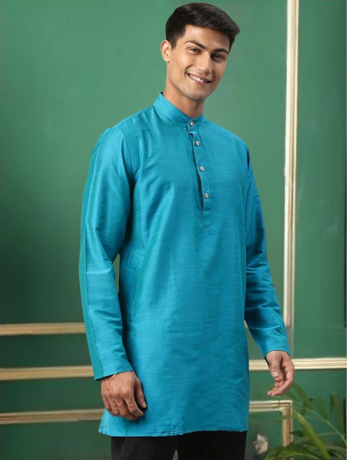Blue Greenish Cotton Straight Short Kurta
