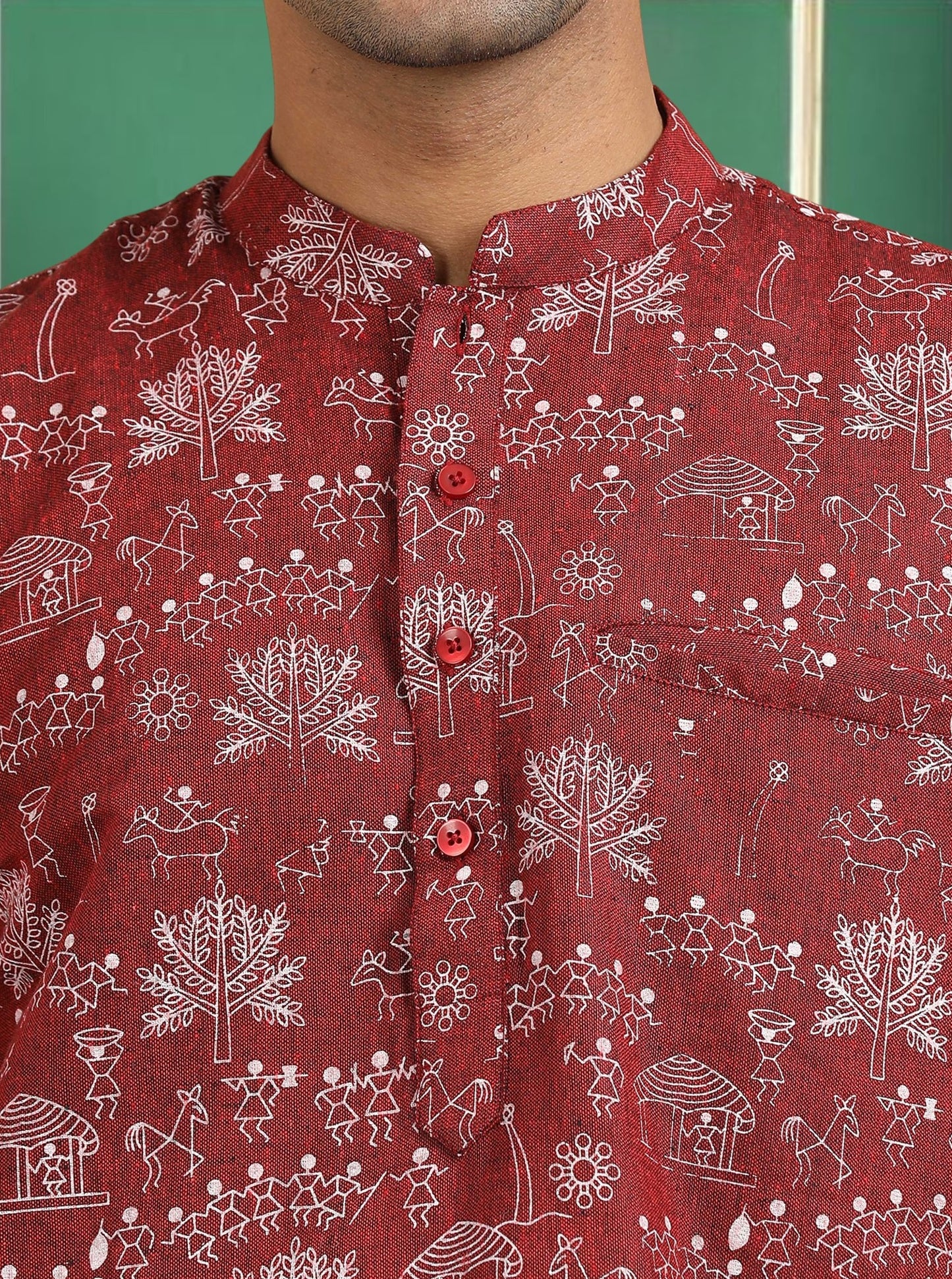 Tattva Men Maroon Printed Super Short Kurta